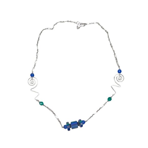 Handcrafted Silver Necklace With Artistic Wire Art Glass Beaded Accents - Picture 3 of 8